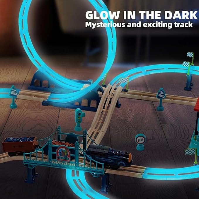 Train Set 85pcs,360° Transformed DIY Train Track Set,Rechargerable Electric Train Set with Realistic Train Station, Train Toys for Birthday Gifts for Kids Boys Girls