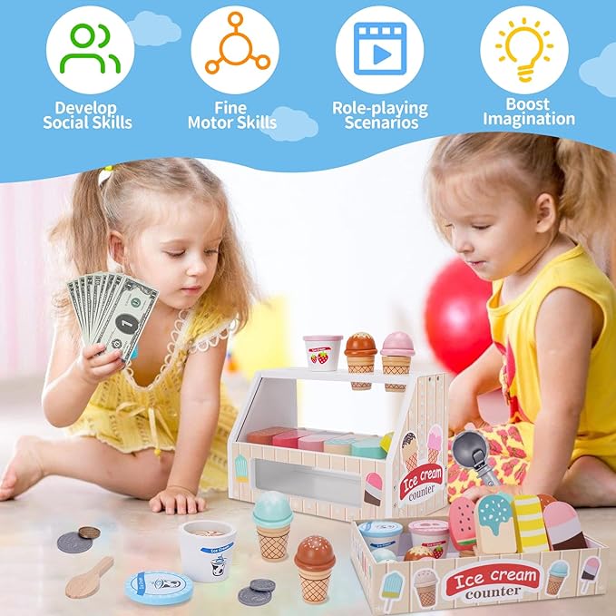 Wooden Ice Cream Counter Playset for Kids, Toddler Girl Toys Kitchen Playset Pretend Play Gifts for 3 4 5 6 Year Old Girl or Boy, Play Food Scoop and Serve, Play Kitchen Sets for Kids Ages 4-8