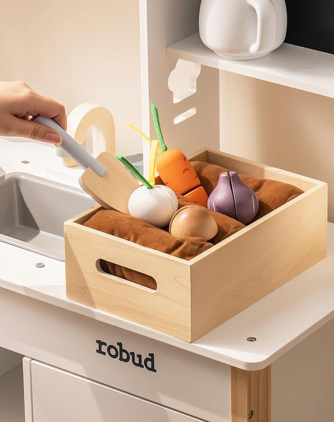 ROBUD Kids Play Kitchen - Wooden Toy Kitchen with Planting Box, Montessori Pretend Kitchen playset with Ice Maker and Pizza Oven for Toddlers 3-8