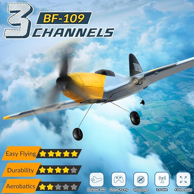 HAWK'S WORK 3 Channel RC Plane BF-109, Remote Control Airplane Ready to Fly, 2.4GHz 6-axis Gyro Stabilizer, Easy to Fly for Kids & Beginners