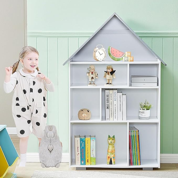 Wooden Dollhouse Bookshelf 4-Tier Children's Bookcase Display Storage Doll House Organizer Furniture for Kids Bedroom Playroom Nursery Kindergarten Gift for Girls Boys Ages 3-8 Years Old
