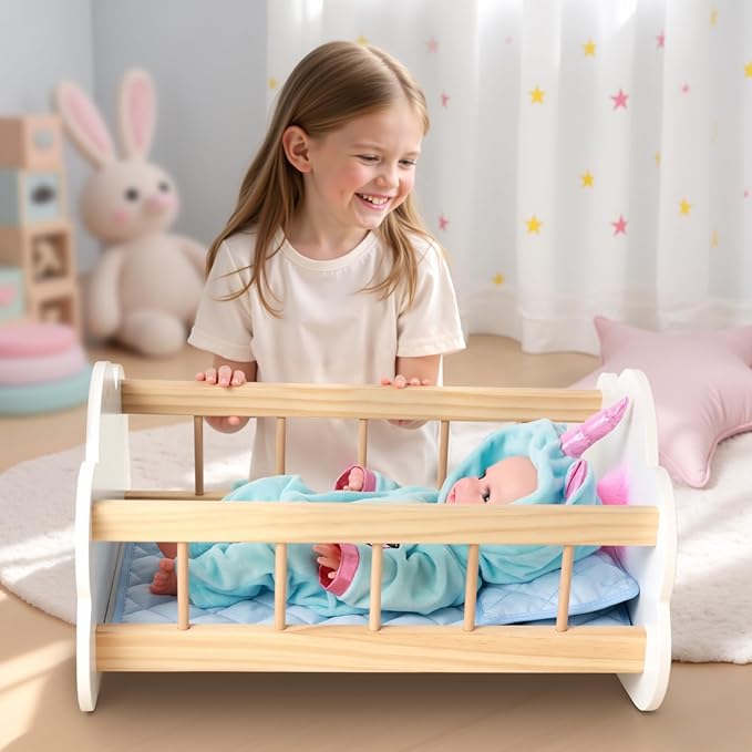 BABESIDE Wooden Baby Dolls Bed for 12-16 Inches Doll, Rocking Babys Doll Crib, Sleep Bed, Baby Dolls Accessories Furniture fit Newborn Dolls Boys & Girls