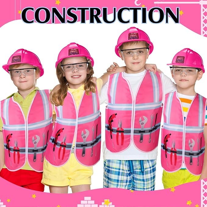 Handepo Construction Worker Costume Kids Hard Hat Construction Vest Goggles Toddler Dress Up Set Birthday Party Girls Boys(Pink, Black)