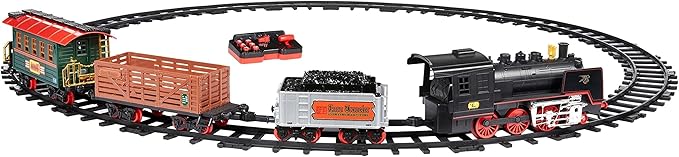 Amazon Basics Remote Control Steam Engine Hobby Train Set with Tender and Gondola and Caboose Smoking, working light and realistic sounds Age 3 or up Perfect for Kids, Multicolor