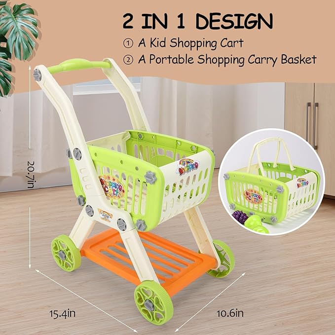 Kids Shopping Cart with Cutting Play Food Set for Kids Kitchen, 2 in 1 Shopping Cart for Kids Grocery Store Pretend Play Kitchen Accessories Sorting Food Bucket Learning Toys Gift for Toddler 3-5