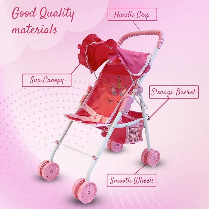 My First Baby Doll Stroller for Toddlers 3 Year Old Girls, Little Kids | Folding Baby Stroller for Dolls, Toy Stroller for Baby Dolls with Bottom Storage Basket, Foldable Frame, Canopy, Seatbelt