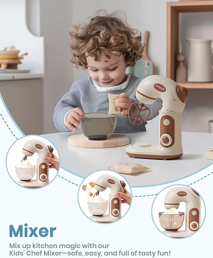 ROBUD Pretend Play Kitchen Appliances, Kids Play Kitchen Toy Food Set with Egg Steamer, Mixer, Toaster, and Blender with Realistic Sounds, Play Kitchen Accessories forToddlers (4-Set)