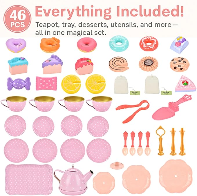 Tea Party Set for Girls – Princess Toddler Birthday Gift, Bunny Tea Time Toys with Teapot, Desserts, Cups, Plates & Carrying Case, Pretend Kitchen Playset for Kids Ages 3-8