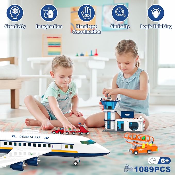 Large City Passenger Airplane Building Set with LED Light, 1089 PCS Toy Plane Building Blocks with Airport Terminal, Luggage Cart, Belt Loader Model Plane Toys Gift for Boys Girls Kids 6-12+