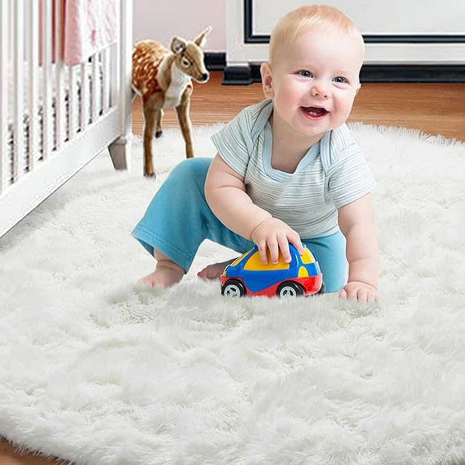 ONASAR Cream White Round Area Rug 4ft, Fluffy Ultra Soft Bedroom Circle Rugs Floor Mat for Kids Girls Boys Teen Room, Fuzzy Plush Shaggy Carpet for Nursery Living Room Playroom Dorm Home Decor