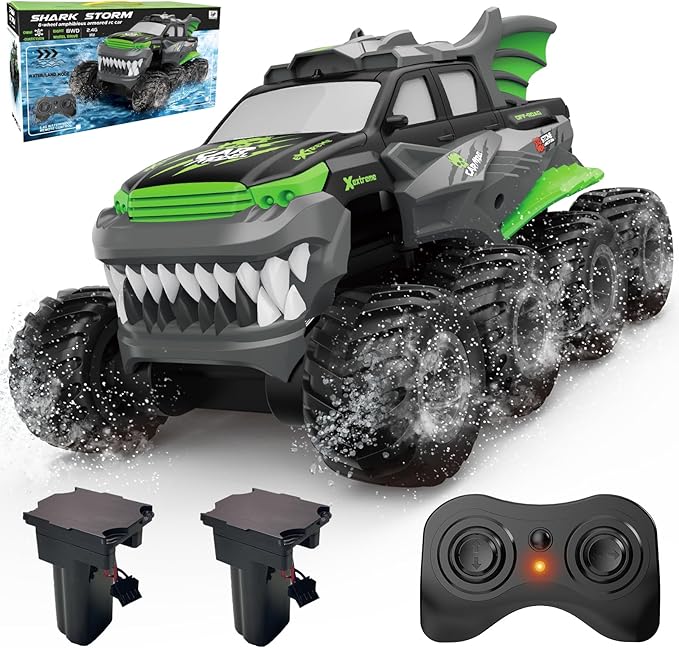 Amphibious Remote Control Car 8WD RC Monster Truck with 2 Rechargeable Batteries for Boys Age 8-12 Offroad Waterproof RC Pickup 2.4GHz All Terrain RC Drift Cars Beach Pool Toys Gifts for Kids Green
