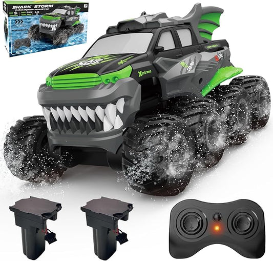Amphibious Remote Control Car 8WD RC Monster Truck with 2 Rechargeable Batteries for Boys Age 8-12 Offroad Waterproof RC Pickup 2.4GHz All Terrain RC Drift Cars Beach Pool Toys Gifts for Kids Green