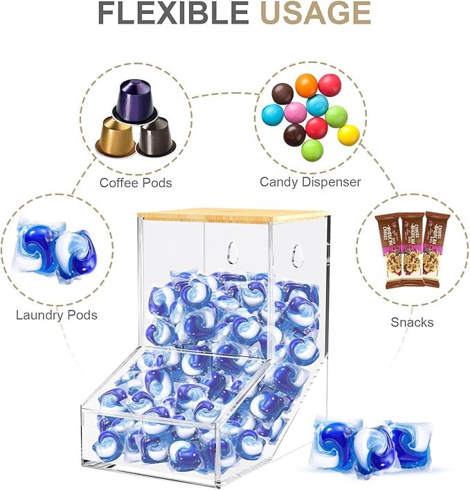 TCJJ Acrylic Laundry Pods Container & Dishwasher Pods Holder - Wall Mountable & Freestanding Dispenser with 2 Lids for Powder, Dryer Balls, Beads - Sturdy 3mm Clear Acrylic Design Fits Any Home Decor