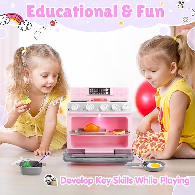 PLAY Toy Oven Kids Kitchen Playset, Kids Play Kitchen Set with 11 Accessories, Realistic Cooking Sounds ＆ Lights, Pretend Play Oven Toddler Cooking Gift Set for Girls Boys Ages 3+