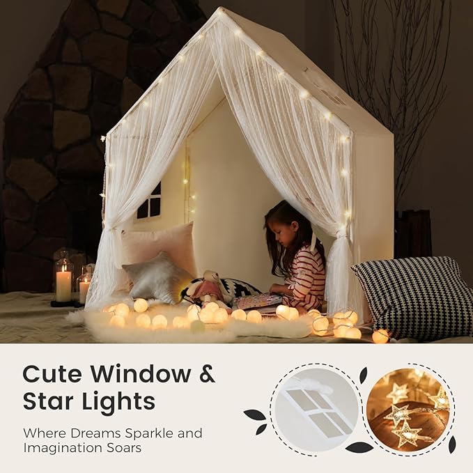 Tiny Land Kids Tent with Star Lights, Large Indoor Playhouse, 53" x 36" Play Tent for Girls and Boys, Use for Reading Nook, Playroom, Sleepover