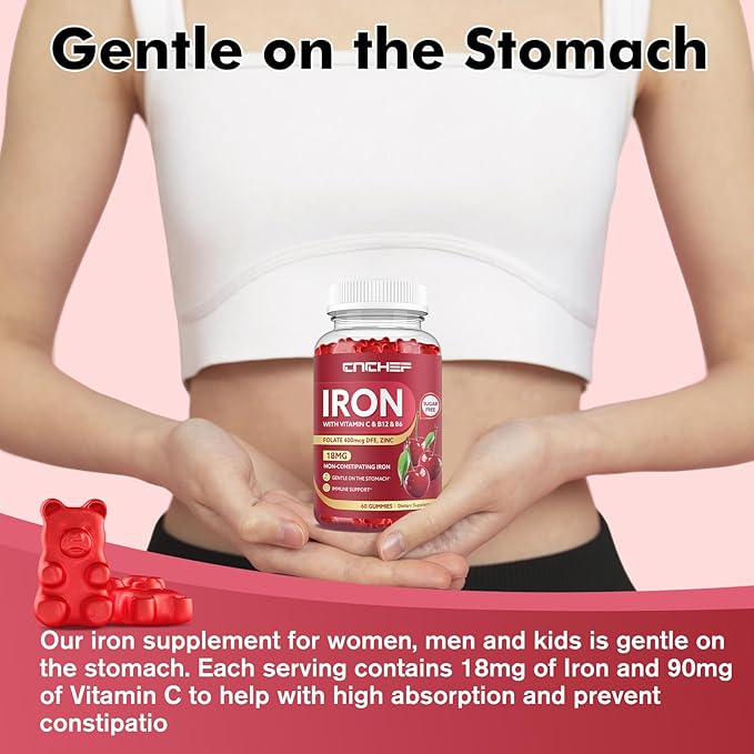 Iron Supplement for Women & Men Gummies, Multivitamin Blood Builder Iron Supplement with Folate Vitamin C B12 B6 Zinc for Adults & Kids - Energy Support - Cherry Flavor, Vegan 60 Gummies