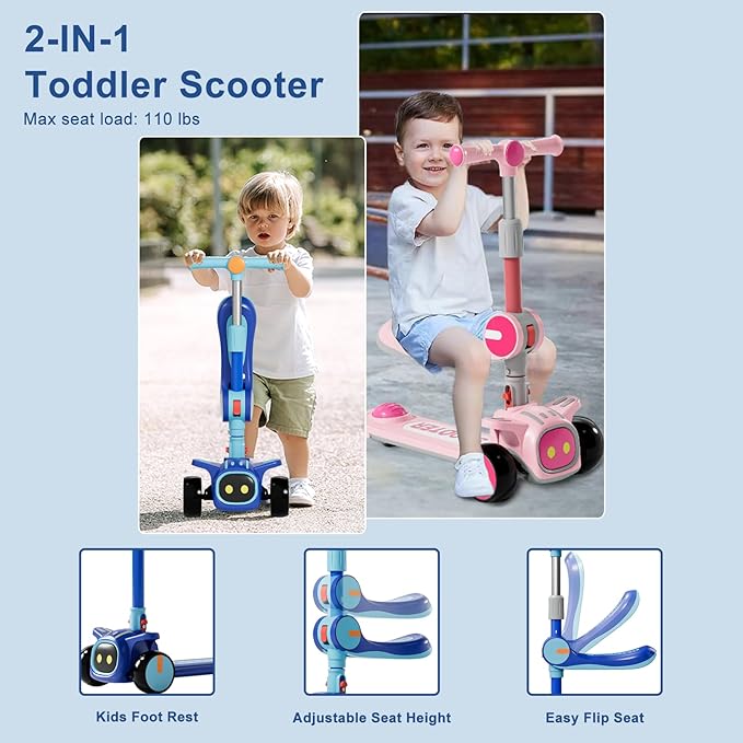 Unbreakable & Never Fall Down 2-in-1 Scooters Kids 3 Wheel Kick Scooter for Boys Girls Ages 3-8, Adjustable Height & Seat, Widened Non-Slip Deck, More Safer for Beginner Toddlers