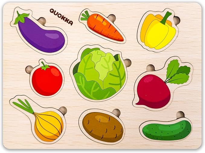 QUOKKA Wooden Puzzles for Toddlers 1-2 – 4 Set Pegged Puzzles for Kids Ages 1-2 – Veggies Learning Toy for Kids – Gift Realistic Educational Game for Boy and Girl