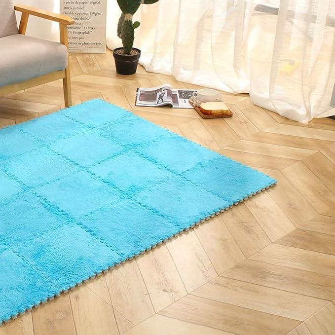 Interlocking Carpet Shaggy Soft EVA Foam Mats Fluffy Area Rugs Protective Floor Tiles Exercise Play Mat for Children Kids Room Home Parlor Bedroom (12 pcs, Blue)