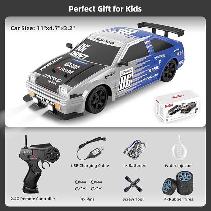 RC Drift Remote Control Car, 1/16 2.4GHz 4WD With LED Lights, Rechargeable Battery and Drifting Tires - Toy for Adults, Boys, Kids