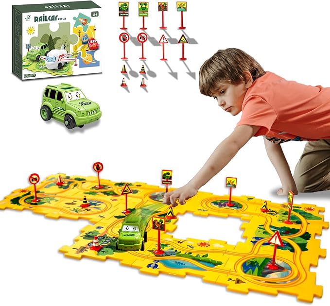 4 Year Old Boy Birthday Gift, Puzzle Racer Kids Car Track Set Puzzle Racer Car Track Set with Roadmap Puzzle Track Car Play Set Toys for 4 Year Old Boys (A-Dinosaur, Set1-25pcs)