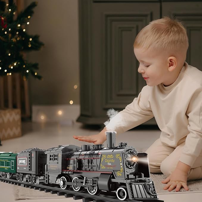 Electric Train Sets for Kids Metal Alloy Christmas Train Toys Steam Locomotive, Glowing Passenger Carriages, Luxury Tracks, Light & Sounds Rechargeable Birthday Gifts for Boys Girls Red Green …