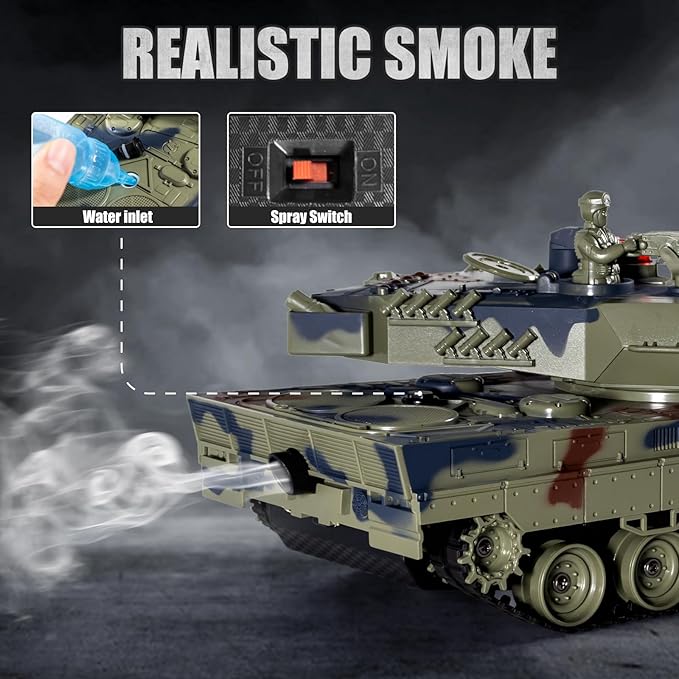 1/24 RC Tank, Remote Control Ger Leopard II Army Model Tank with Sound Effects, Lights and Smoke, 2.4G Military Model Toy for Kids, Perfect Birthday for Boys 6+ Years Old