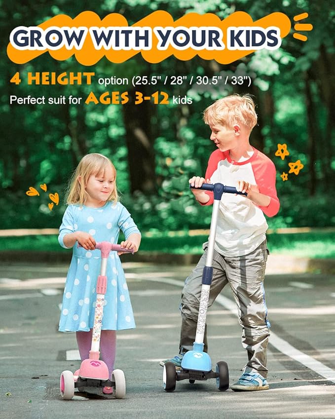 MOUNTALK Kids Scooter for Ages 1-12 Years, 3 Wheels Toddler Scooter for Children Age 1-3/3-5/5-8/8-12 Boys and Girls with Adjustable Heights and LED Wheels