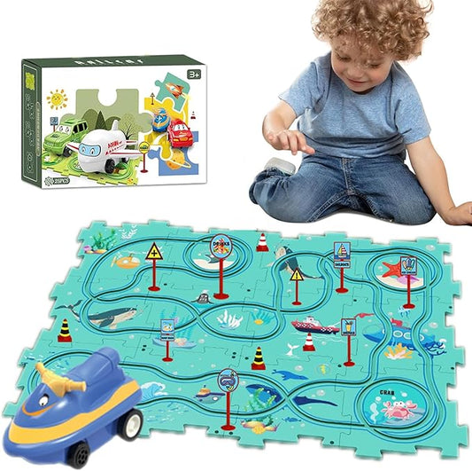 25PCS Puzzle Racer Kids Car Track Set, Ocean Series Jigsaw Puzzle Racer Car Track Set Puzzle Track Car Play Set Preschool Gifts for Kids Christmas Birthday Gift for Boys Girls