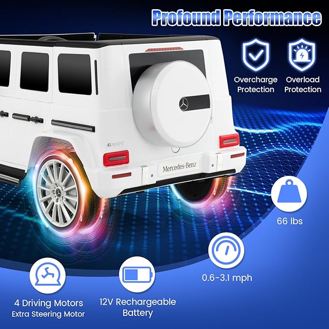 Costzon Ride on Car, Mercedes-Benz G500 Licensed Truck w/Rocking Mode, 3 Speeds, Remote, Horn, Music & LED Lights, Spring Suspension, 12V Battery Powered 4WD G Wagon Electric Vehicle for Kids (White)