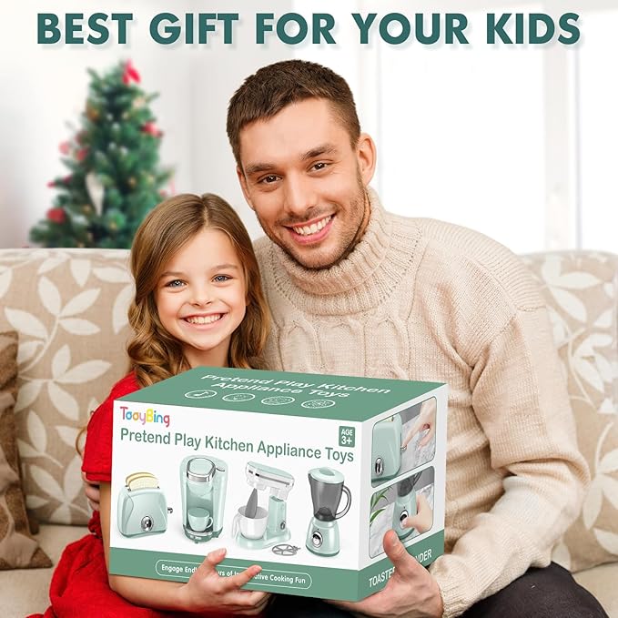 Play Kitchen Appliances Toy Set with Coffee Maker Machine, Mixer, Toaster, Blender, Kids Kitchen Playset, Play Kitchen Accessories with Sound & Light, Birthday Gifts for Kid Girls Ages 3-5 4-8