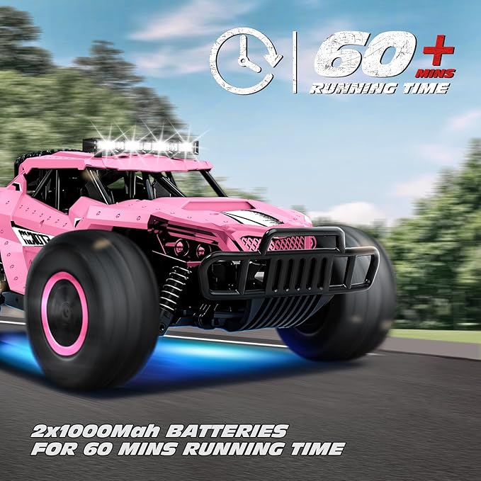 Tecnock Pink RC Car 1/16 Scale Remote Control Car for Girls, High Speed 20 Km/h All Terrains Rc Monster Truck with Two Rechargeable Batteries & Head Chassis Lights Gift Toy for Kids Adults