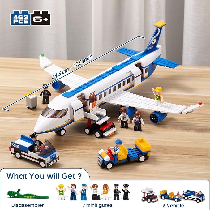 City Passenger Airplane Building Set for Boys 6+ 8+ 12+, City Plane Airport Playset with a Large Aircraft, Passenger Bus, Luggage Truck, Container Loader, 7 Minifigures, Compatible with Lego City