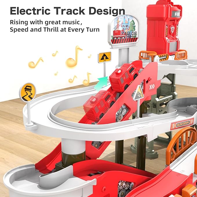 52PCS Fire Rescue Adventure Track Playset for Kids Ages 3+, Electric Ladder, 3 Mini Cars&one Airplane, Multi-Level Tracks with Lights & Sounds, Obstacles & Role Play, Gift for Boys & Girls