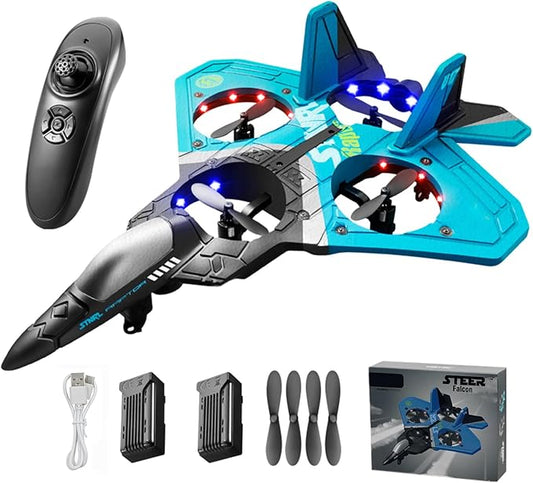 V17 Jet Fighter Stunt RC Plane - 2024 New Remote Control Airplane with 2.4GHz, 2 Batteries, 360° Stunt Spin, Durable Foam & Light RC Fighter Jet Airplane for Kid Boy (Blue with 2Pcs Battery)