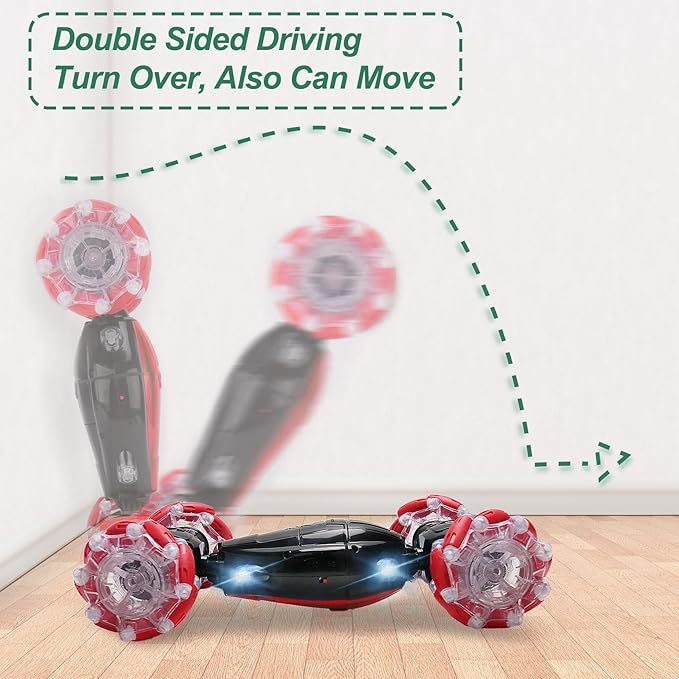 Gesture Sensing RC Stunt Car - Christmas Red, Best Birthday Gifts for Kids 6-12, Hand Remote Control Double Side Twist Cars Toys with Light Music, 4 WD Drift Off Road for Rotation