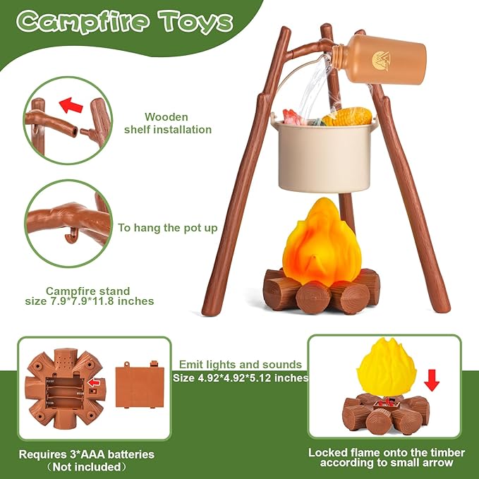 80PCS Kids Camping Toys Set with Play Tent Campfire Toys,Toy BBQ Grill Set,Pretend Cutting Play Food Set for Kid Kitchen, Indoor Outdoor Toys Pretend Playset for Toddler,Gifts for Boys Girls