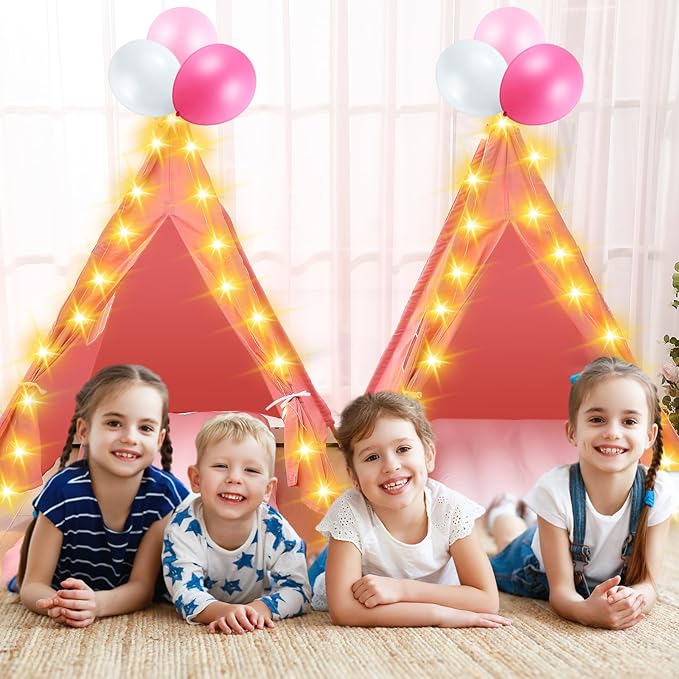 Windyun 6 Pack Kids Teepee Tent Bulk with Light and Inflatable Airbed, Natural Cotton Toddler Play Tent Washable for Girls Boys Indoor Outdoor Slumber Party Birthday Gifts (Pink)
