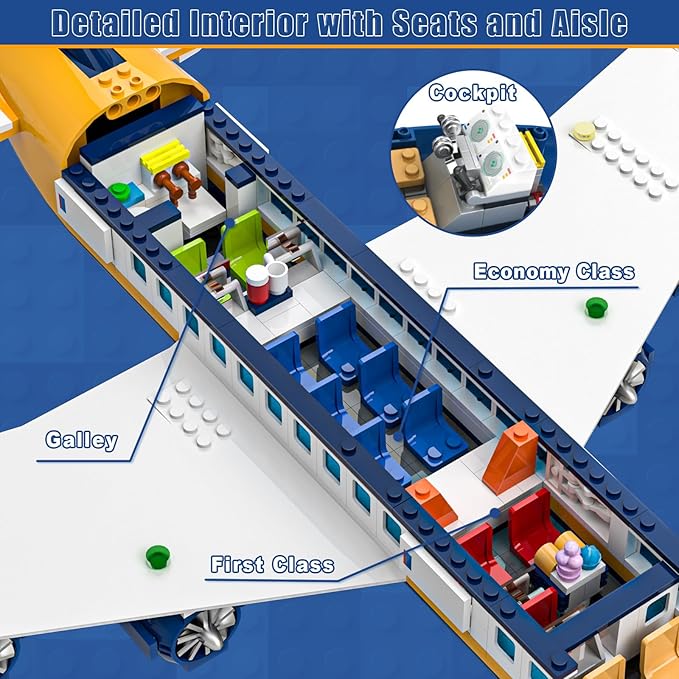 Large City Passenger Airplane Building Set with LED Light, 1089 PCS Toy Plane Building Blocks with Airport Terminal, Luggage Cart, Belt Loader Model Plane Toys Gift for Boys Girls Kids 6-12+