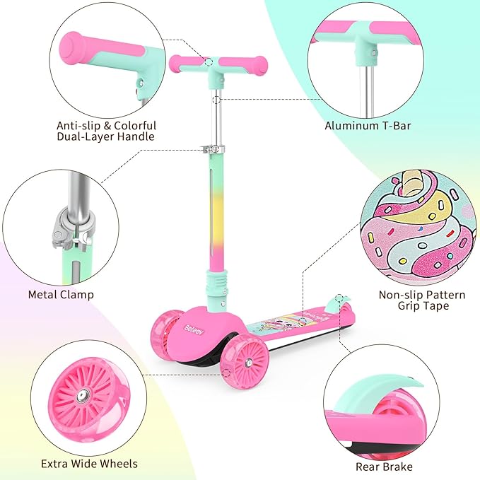 BELEEV A9 Kids Scooter with LED Light-Up Wheels & Deck, 3 Wheel Folding Scooter for Toddlers Girls Boys Ages 3-12, Adjustable Handlebar, Lean to Steer, Extra-Wide Wheels, Kick Scooter for Children