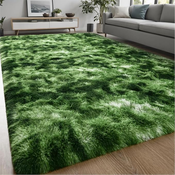 Nuttumico Large Fluffy Area Rug, 6x9 Feet Modern Indoor Carpets for Living Room Bedroom, Plush High Pile Tie-Dyed Dark Green Rug for Girls Kids Playroom Classroom Nursery Home Decor