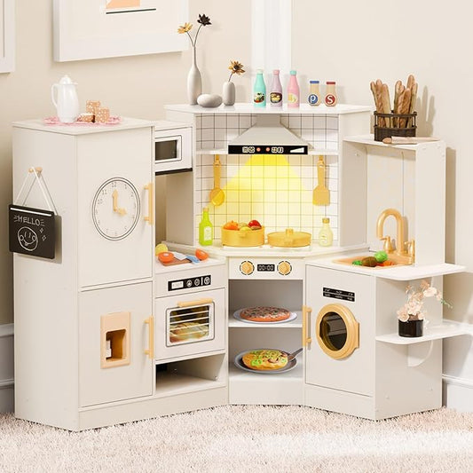 BIERUM Coner Wooden Play Kitchen with Real Lights & Sounds, Trendy Home Style Kitchen Playset, Toy Kitchen with 28 Pcs Toy Food & Cookware Accessories, Gift for Boys & Girls Ages 3+