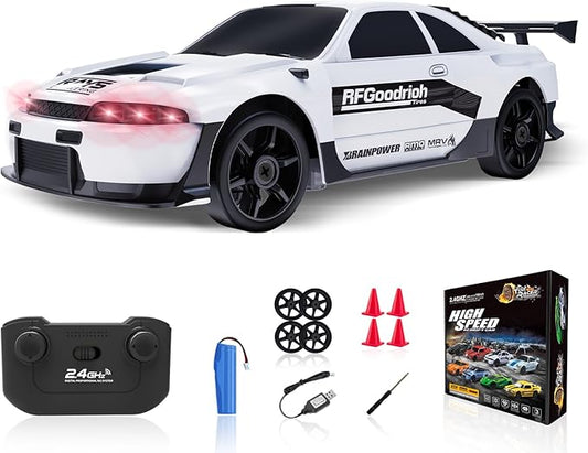 RC Drift Car, 1/24 Remote Control Car 4WD RC Cars for Kids, 2.4GHz Hobby Racing Car Toys White Drifting RC Car with LED Light Rechargeable Battery and Drift Tires Toy Cars for Boys