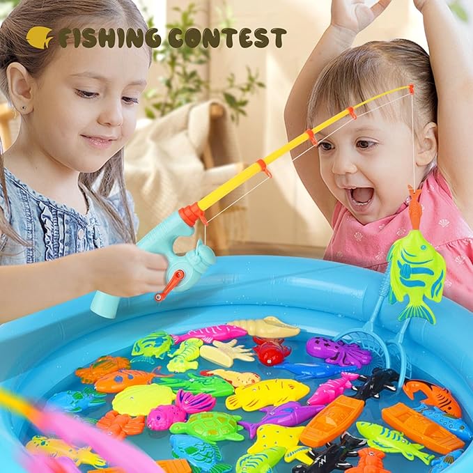 Magnetic Fishing Game 45 PC Ocean Sea Floating Fish Colorful Animals with Net Portable Storage Bag | Kiddie Pool Bathtub Game for Age 3 4 5 6 Year Kids Toddler(XX-Large Set)
