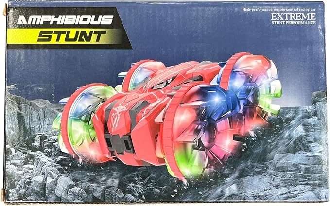 Waterproof Remote Control Car，4WD Amphibious 2.4 GHz RC Car Remote Control Boat，360°Rotation RC Stunt with LED Lights，Boys Girls Gifts All Terrain Water Beach Pool Toy