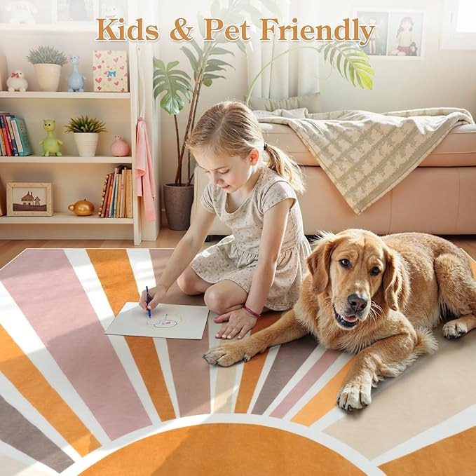 STARUIA Boho Sun Round Washable 6Ft Area Rug for Living Room, Soft Non-Slip Boho Rainbow Kids Nursery Orange Throw Rug Carpet for Bedroom, Circle Colorful Kitchen Rug for Classroom Office Dining Room