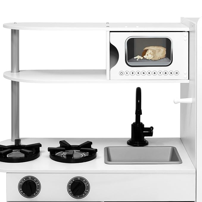 Delta Children Deluxe Modern Kitchen - Toy Kitchen Playset with Realistic Knobs That Turn/Click, Oven, Sink and Fridge/Freezer with Ice Maker, White