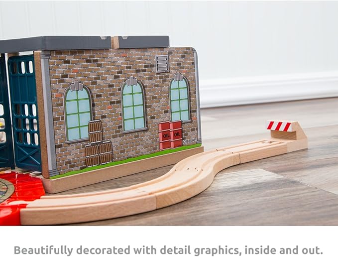 Wooden Railway 5 Engine Bays, Rooftop Rails Full Size Roundhouse with 14-Ways Turntable Compatible with Thomas & Friends Brio Imaginarium Melissa Doug Engine Shed