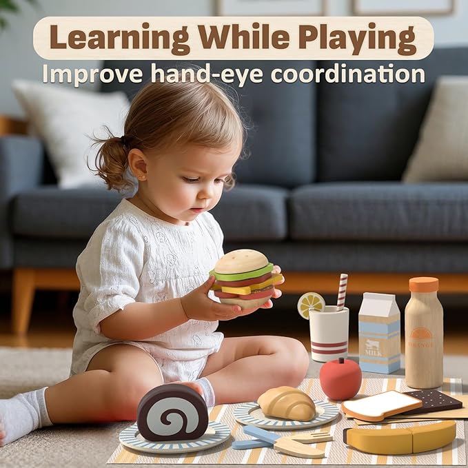 Lehoo Castle Play Food Sets for Kids Kitchen, Wooden Toys Food for Toddlers 1-3, Pretend Picnic Play Set, Cutting Food Toys, Gift for Girls Boys 3 4 5 6