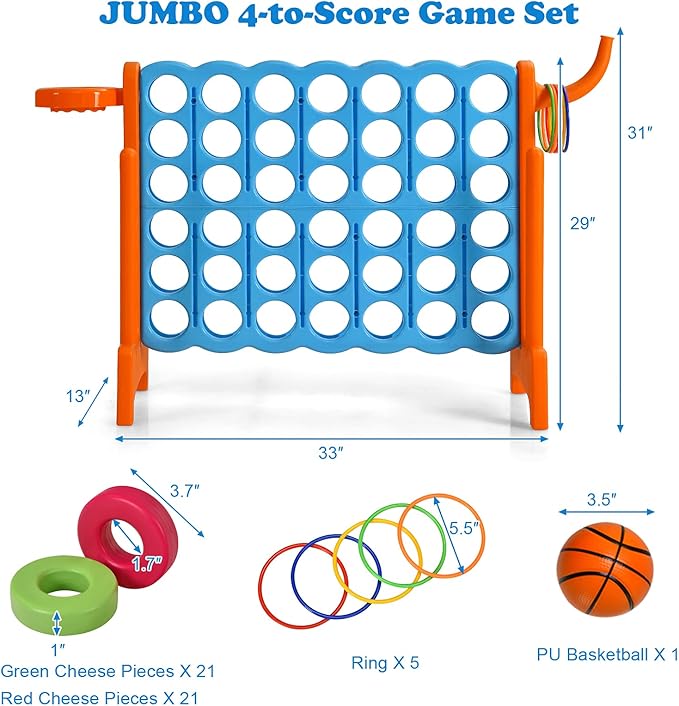 Costzon Giant 4-in-A-Row, Jumbo 4-to-Score Giant Game w/Basketball Hoop, Ring Toss, Quick-Release Slider, 42 Jumbo Rings, Indoor Outdoor Family Connect Game for Kids & Adults, Backyard Games, Orange